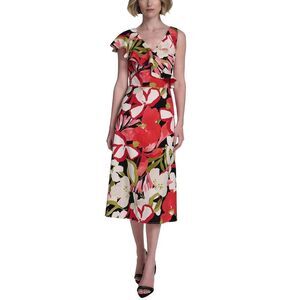 Halston Womens Printed Asymmetric Ruffled Midi Dress 6 Fire/Crean Floral - NWT
